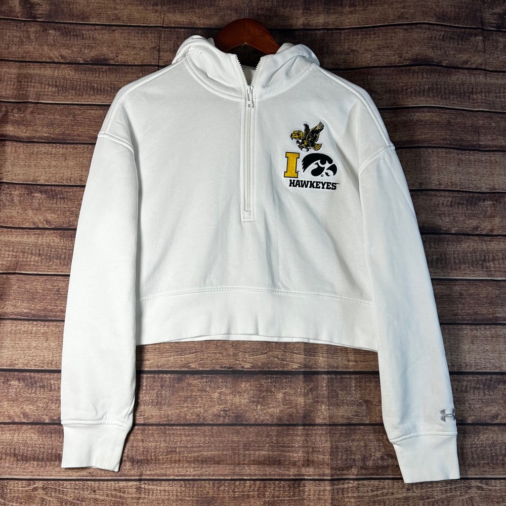 Under Armour Iowa Hawkeyes White Cropped Quarter Zip Hoodie Womens Medium